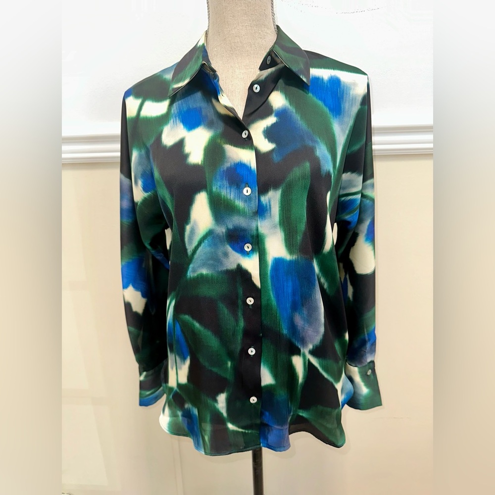 Mango MNG Tropical Blouse XS Made in Italy Tropical Business Casual Collared